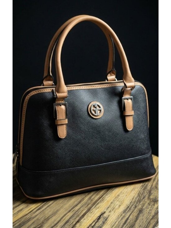 Giani Bernini Handbags - Giani Bernini Top Handle Dome Satchel Crossbody Bag Black & Tan -Faux Leather